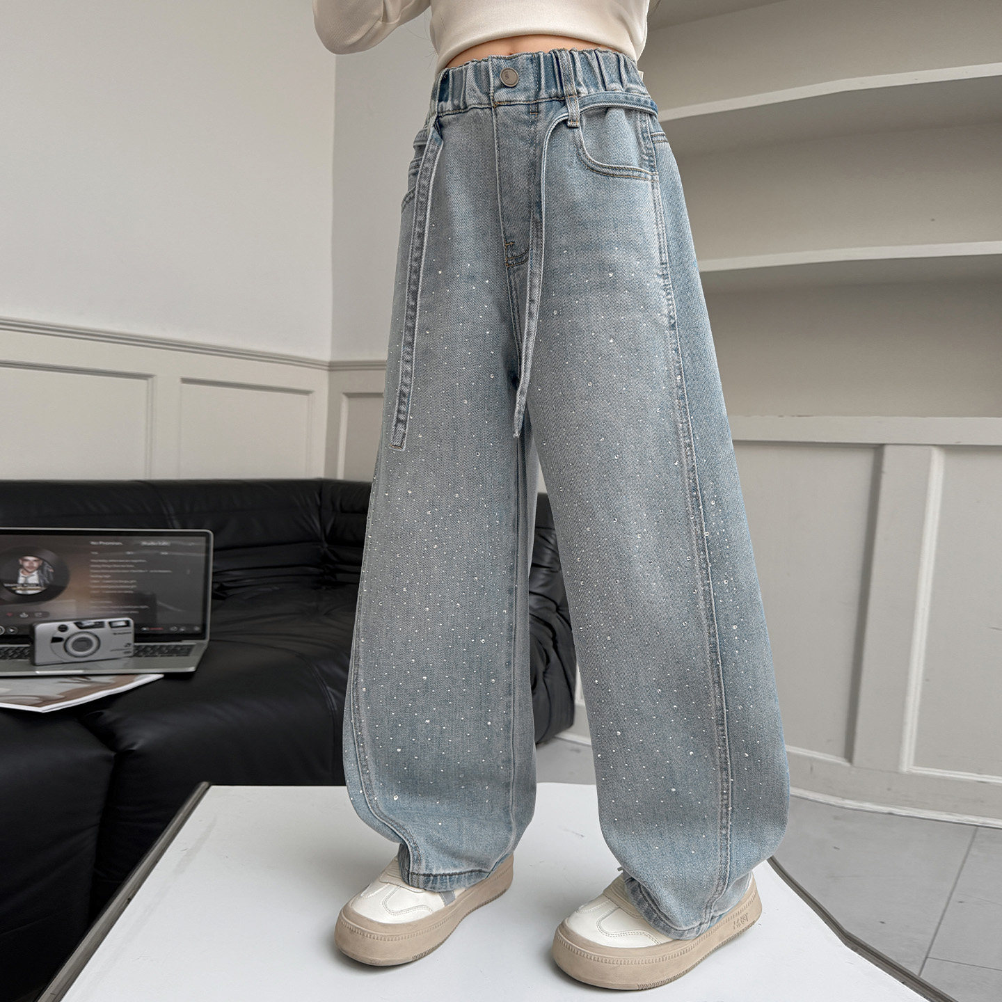 女童裤子牛仔弯刀裤春秋装新款中大童洋气烫钻直筒裤韩版休闲长裤,淘宝优惠券,粉丝福利购,淘宝优惠卷