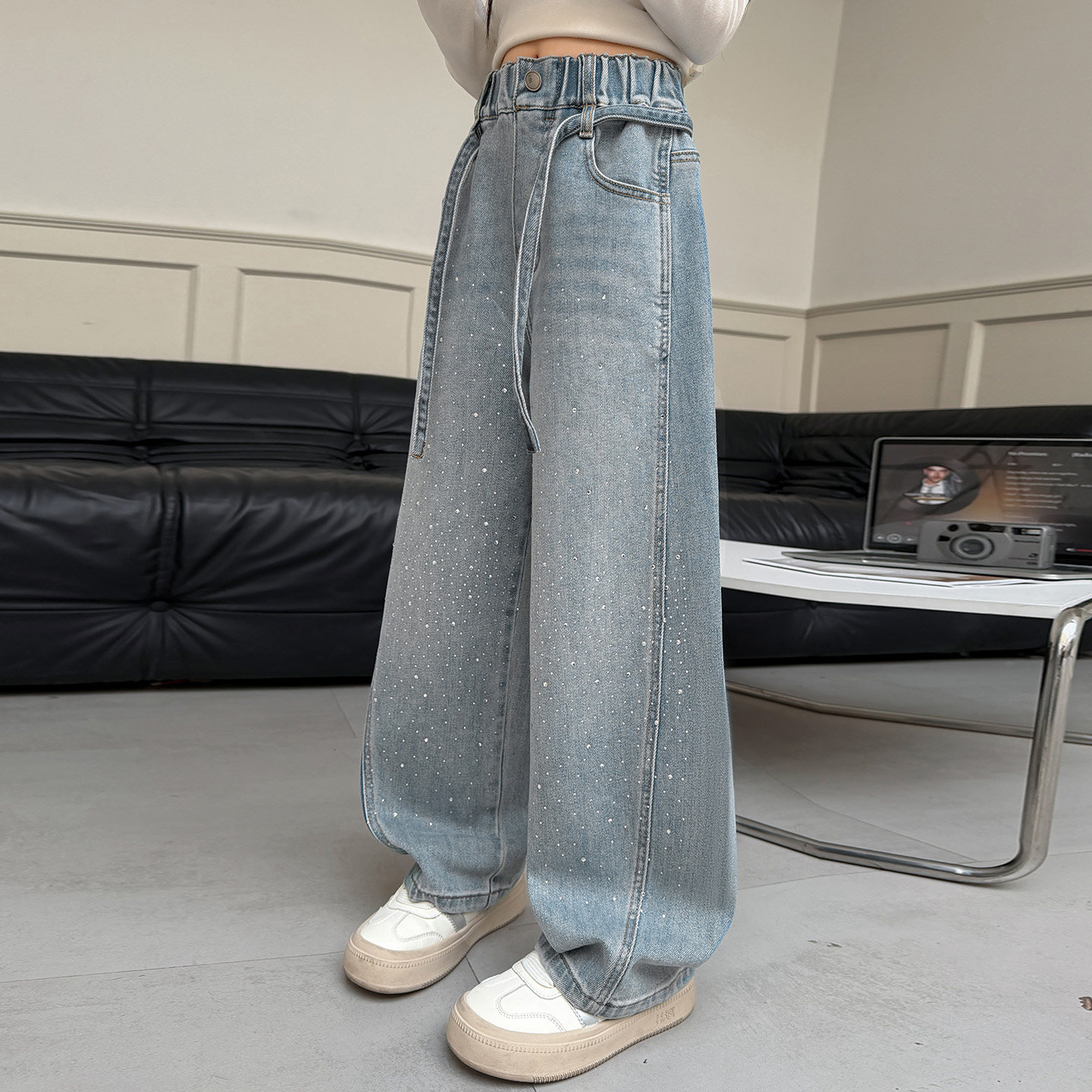 女童裤子牛仔弯刀裤春秋装新款中大童洋气烫钻直筒裤韩版休闲长裤,淘宝优惠券,粉丝福利购,淘宝优惠卷