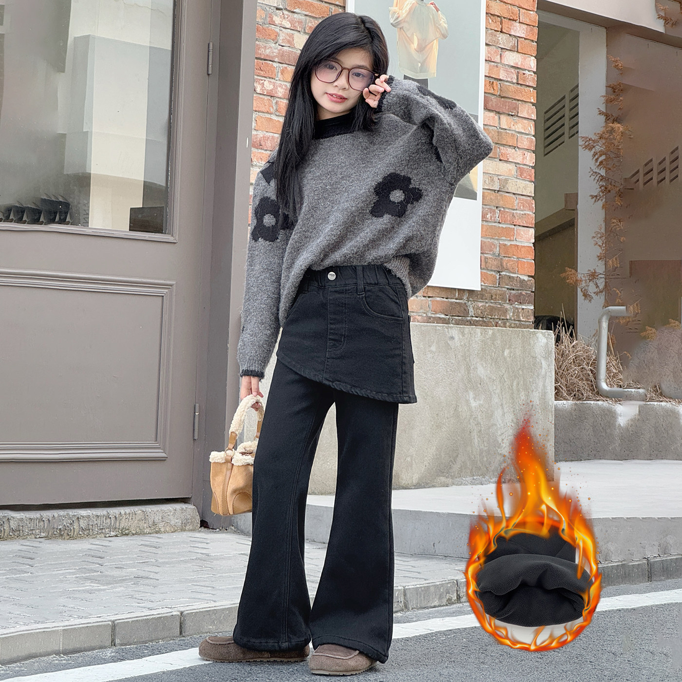 女童裤子牛仔裤加绒加厚秋冬装新款中大童洋气喇叭裤冬季保暖长裤,淘宝优惠券,粉丝福利购,淘宝优惠卷