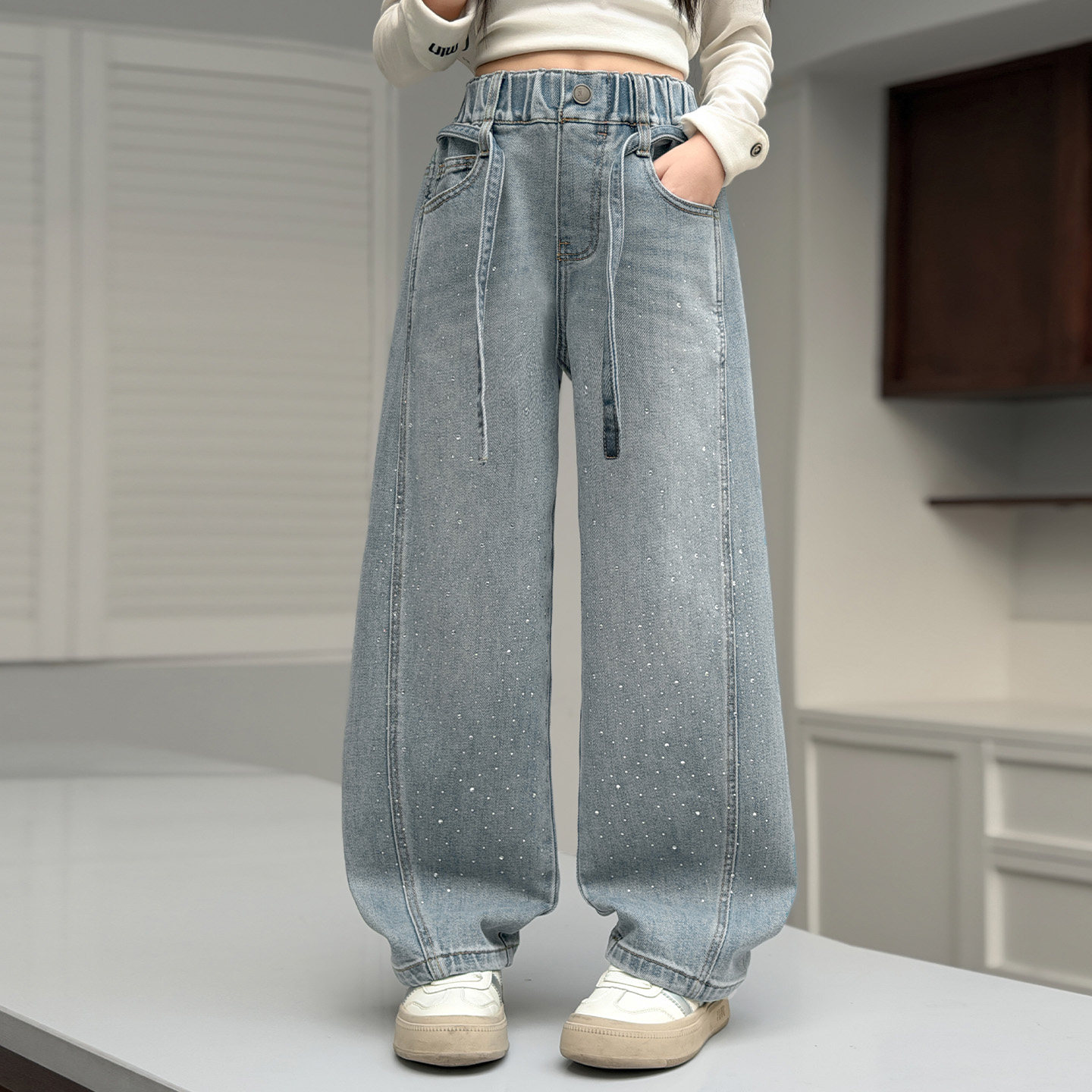 女童裤子牛仔弯刀裤春秋装新款中大童洋气烫钻直筒裤韩版休闲长裤,淘宝优惠券,粉丝福利购,淘宝优惠卷