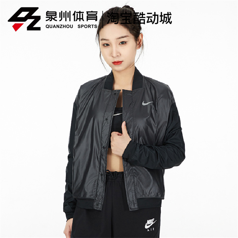 NIKE/耐克 女款外套双勾印花运动立领PU皮质棒球服夹克DD6848-010 - 图0