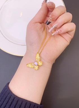 新中式沙金镶钻蝴蝶项链女