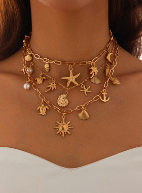 欧美跨境波西米亚重工链条叠戴项链海洋风人鱼贝壳小众necklace