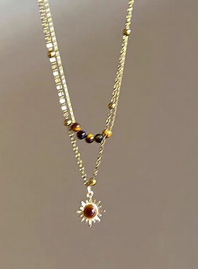 复古金色太阳花虎眼石项链女小众设计感叠戴毛衣链秋冬锁骨链配饰