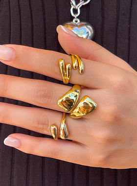 欧美风金属光面水滴抱抱戒指女 个性设计感开口指环Rings