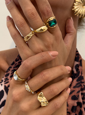 欧美时尚风彩色宝石镶嵌戒指套装 金属质感光面指环Rings