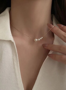 四颗珍珠吊坠项链女轻奢小众锁骨链ins设计感简约配饰