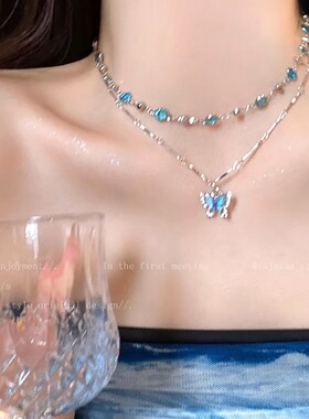 冰晶渐变珍珠蝴蝶流苏项链女高级感锁骨链甜酷辣妹颈链