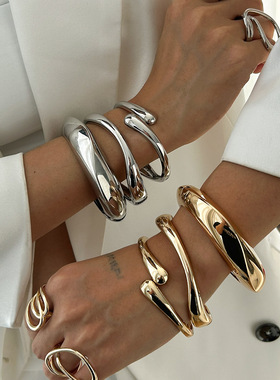 欧美跨境饰品 时尚不规则合金弹簧手镯 简约水滴光面Bracelet套装