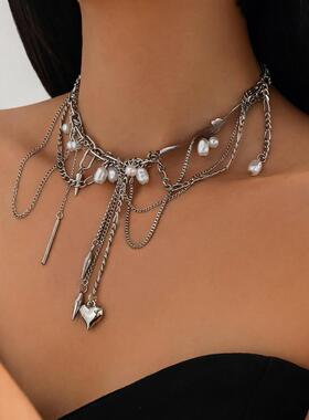 欧美饰品 冷淡风爱心珍珠吊坠项链 个性流苏合金链条Necklace