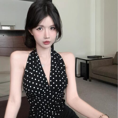 波点挂脖吊带背心女夏季纯欲辣妹性感v领无袖抹胸小上衣泰式绝美 - 图2