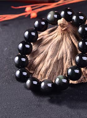 天然黑曜石手链男士女款彩虹眼手链情侣款单圈手串本命年108颗佛