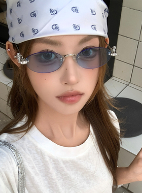 欧美风辣妹蓝色无框太阳镜女镶钻