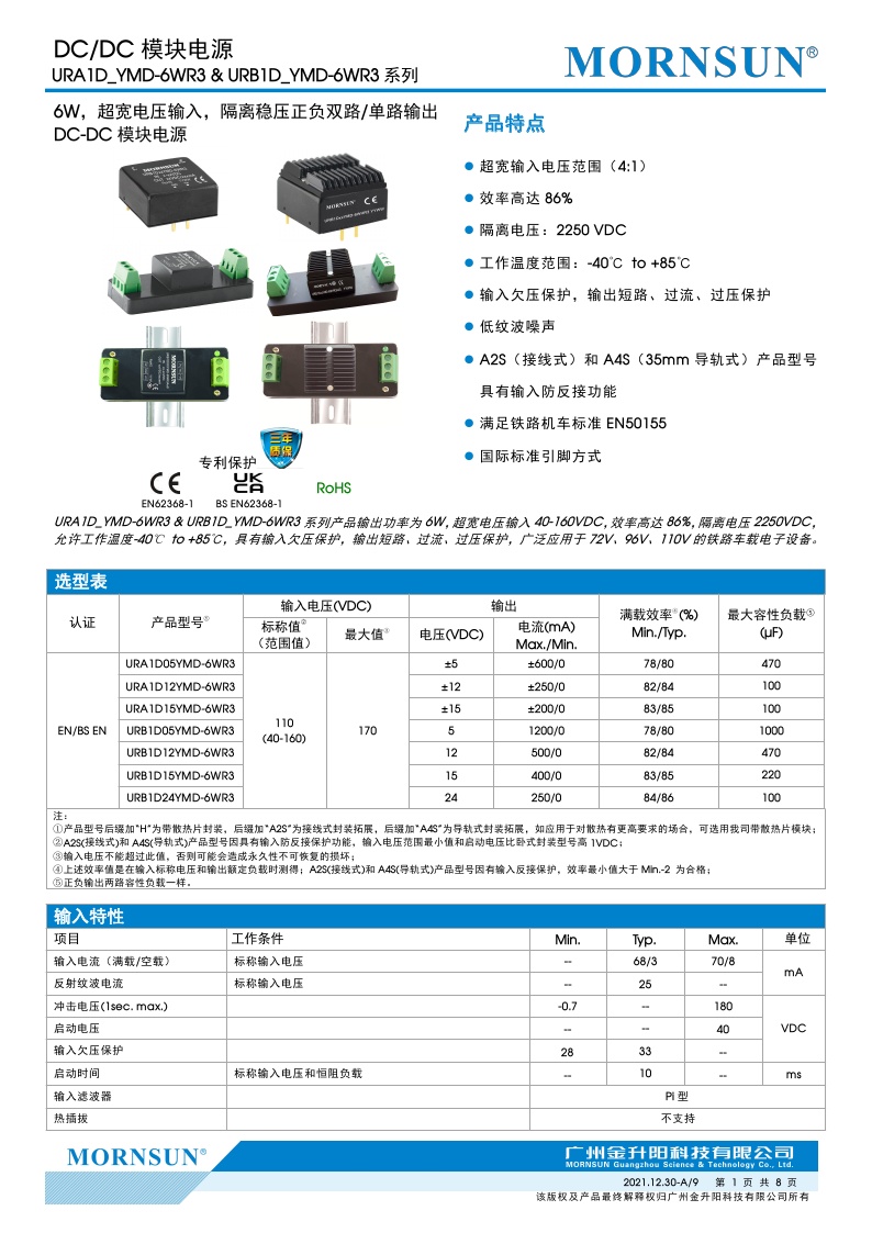 URB1D24YMD-6WR3A2S 6W 高品质 接线式封装(带散热和不带散热片) - 图1