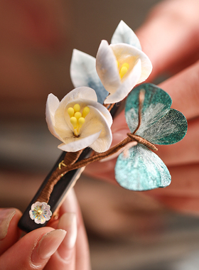 手工蚕丝绒花发夹女后脑勺甜美蝴蝶发饰花朵半扎发边夹森系仙美