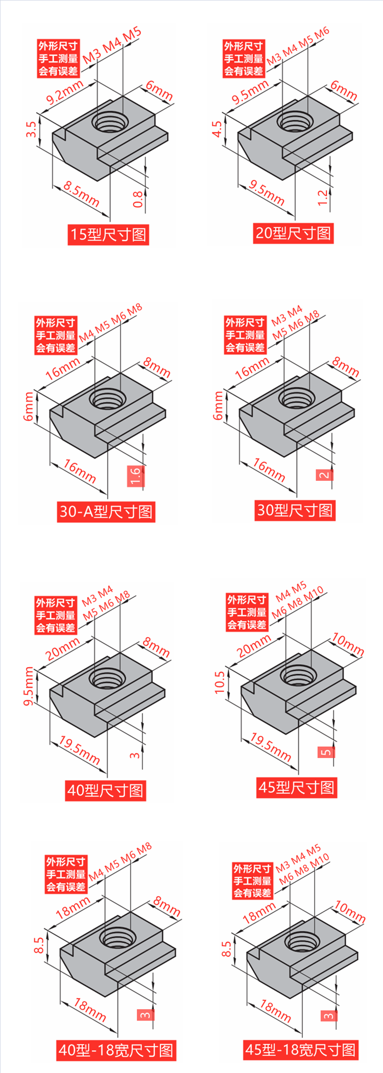 欧标型材T型螺母t型滑块方形20型30型40型45型-M3-M4-M5-M6-M8M10