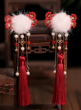 古风毛球流苏步摇过年喜庆红色发饰对夹新年儿童拜年汉服配饰头饰
