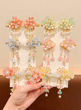 女童古风汉服头饰小女孩超仙花朵流苏发夹宝宝表演可爱马面裙发饰