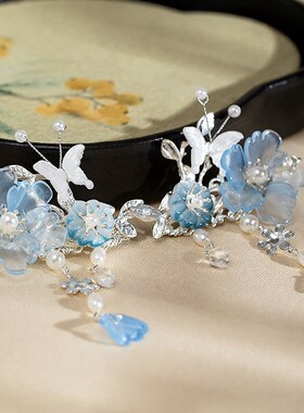 古风汉服头饰流苏对夹蓝色发饰复古边夹步摇发夹国风古装清冷感