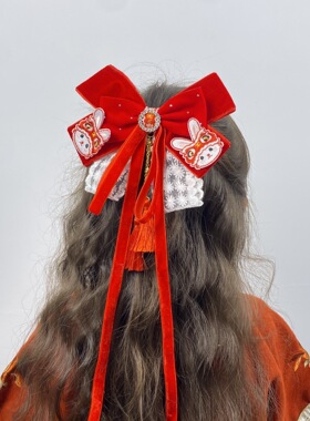 中国风后压古装汉服头饰女童头饰女孩红色发卡头饰新年蝴蝶结发夹