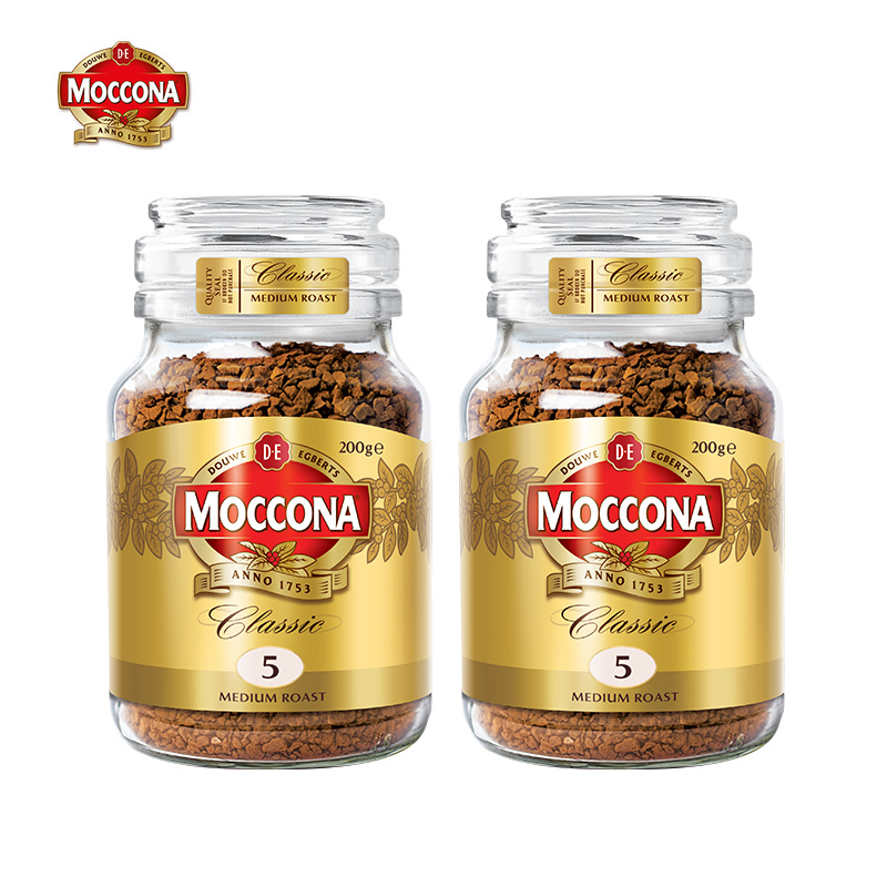 moccona摩可纳咖啡5号8号榛果味无蔗糖速溶冻干纯黑咖啡粉200g2瓶