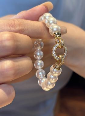 钻扣大珍珠手链正圆强光 Akoya澳白海水珠质感小众轻奢闺蜜款礼物
