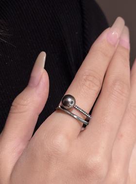Joie大溪地黑珍珠s925纯银小众设计暗黑戒指个性甜酷开口戒指女
