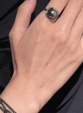 Joie大溪地黑珍珠镶钻戒指miki南洋黑蝶贝银镀黑铑情侣款