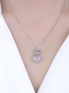 s999纯银福袋项链国潮新中式毛衣链复古高级感白玉髓吊坠锁骨颈链