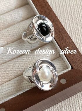 韩国轻奢设计指环 S925纯银旋涡黑玛瑙白珍珠戒指  开口可调节简