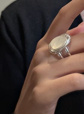 S925纯银韩版重工白玛瑙多线戒指韩国风时尚简约质感指环银饰批发
