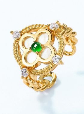 原创设计复古宫廷风白贝窗花戒指女S925纯银镶嵌翡翠指环一件代发