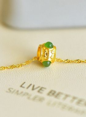 小众古风转运珠玉项坠女 带证书925银镀金色镶和田碧玉路路通项链