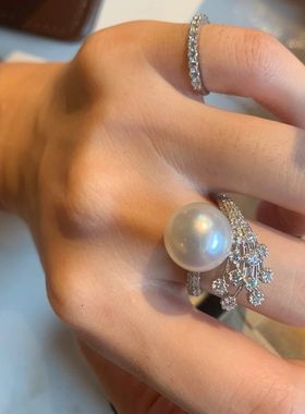 S925纯银繁华璀璨星河满天星澳白珍珠戒指小众设计高级轻珠宝钻戒