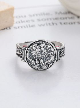 潮晟s925纯银复古民族风小众扎基拉姆唐草纹造型点缀红色滴胶戒指