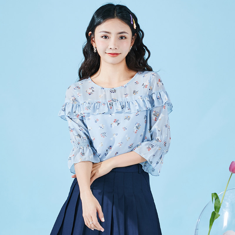 拉贝缇短袖碎花雪纺衫新款夏季衬衣 lababite蕾丝衫/雪纺衫