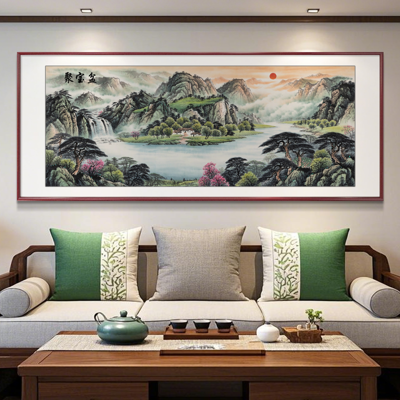 西墙风水画一帆风顺山水画客厅挂画新中式沙发背景墙聚财装饰画