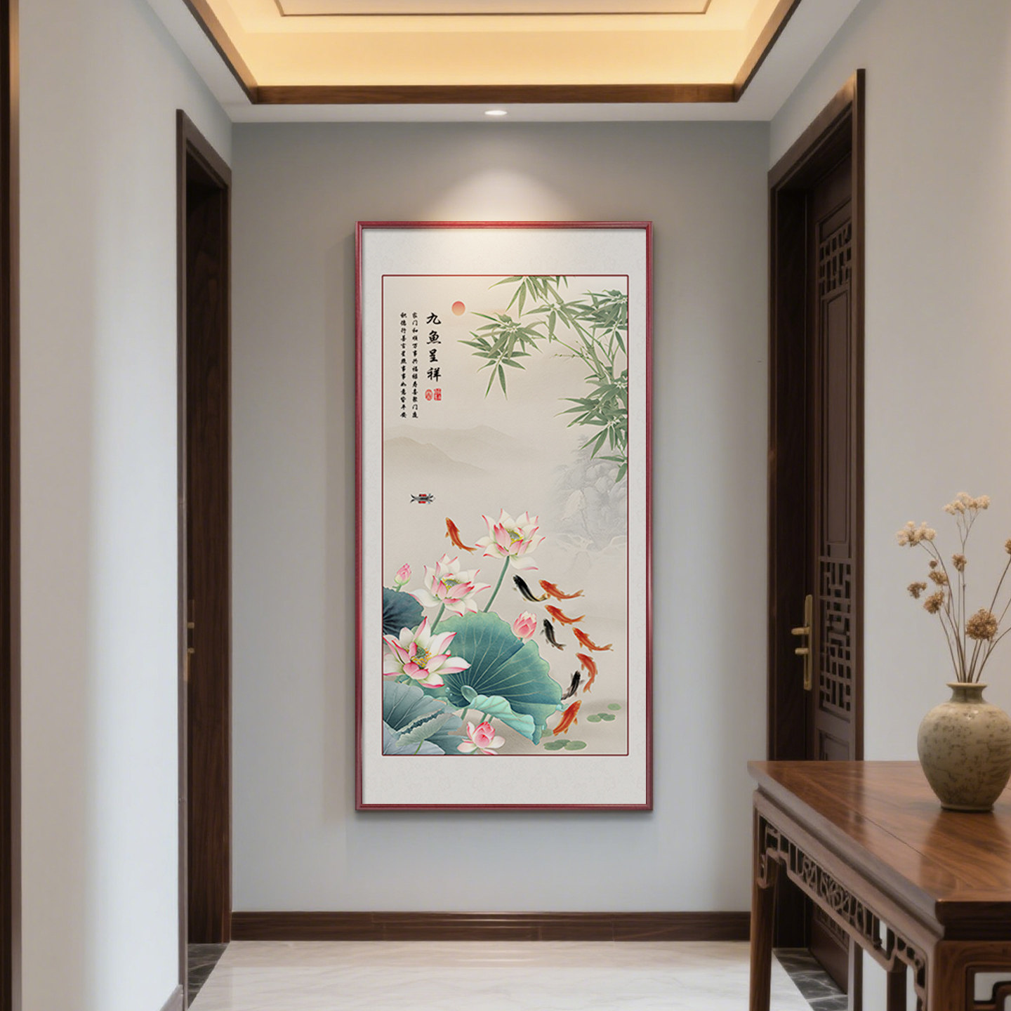 九鱼聚财图入户玄关装饰画新中式纯手绘走廊过道壁画荷花国画挂画