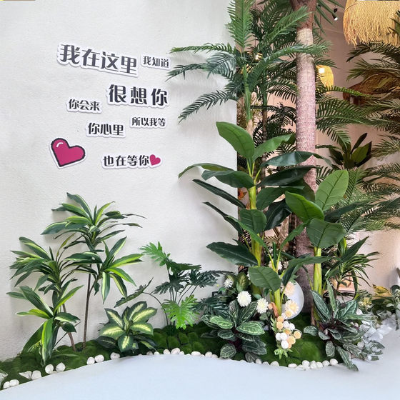Simulated green plant landscaping, moss, fake plant decoration, fake flowers, indoor tropical combination, window display layout under stairs
