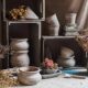 Red pottery flower pots, hanging baskets and vases, retro literature and art