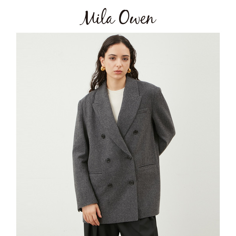 Mila Owen秋冬通勤气质羊毛混纺双排扣西装外套09WFJ245190,淘宝优惠券,粉丝福利购,淘宝优惠卷