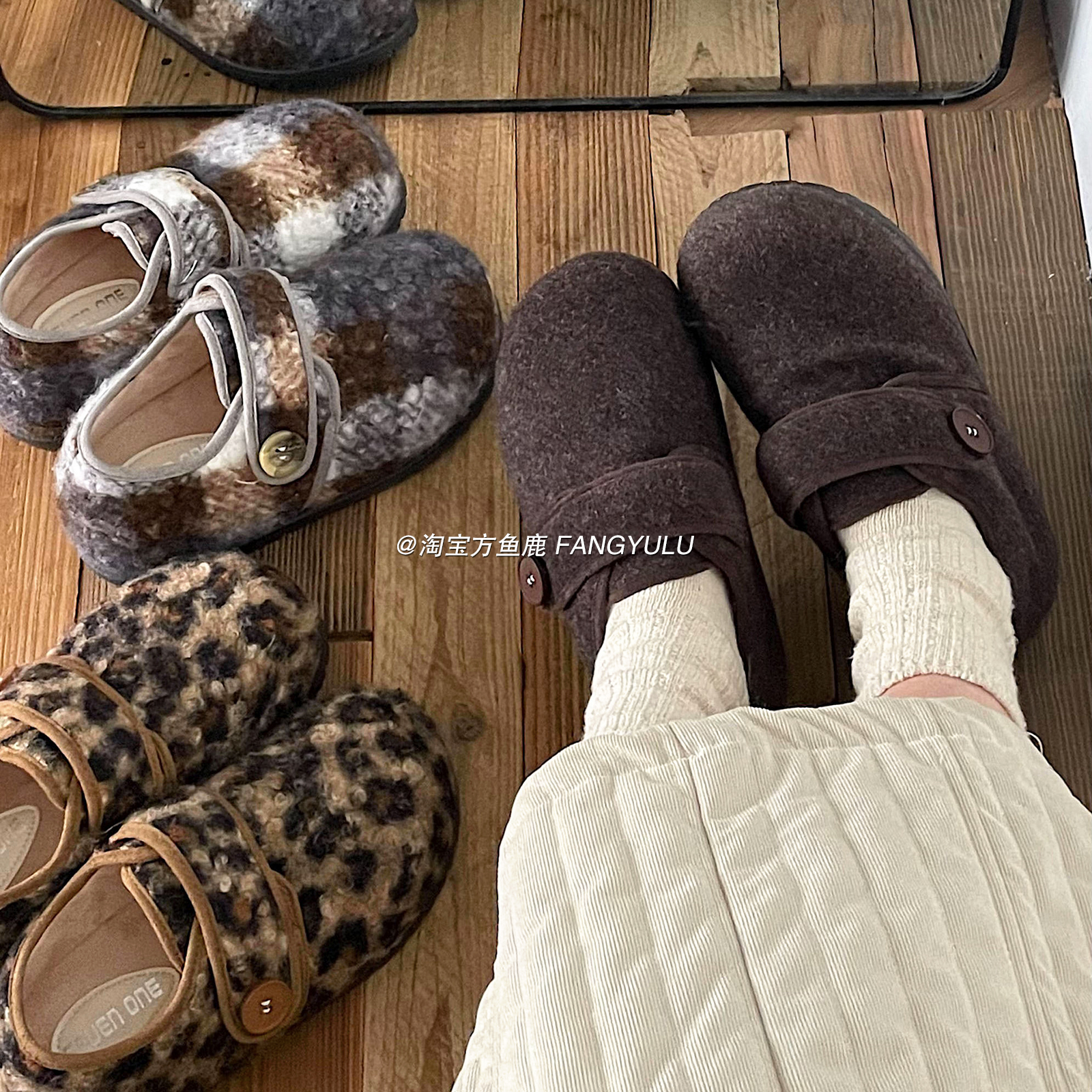 方鱼鹿 内增高6cm韩版圆头加绒勃肯鞋女2025冬季魔术贴保暖毛毛鞋 - 图2