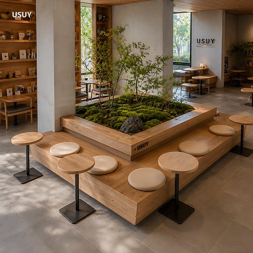 USUY侘寂风木质卡座商用咖啡现代简约厅书店一体式座椅定制卡椅 - 图3