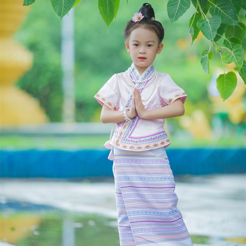 沙芭利 女童粉色花边传统傣族服装 西双版纳民族服装 小女孩套装