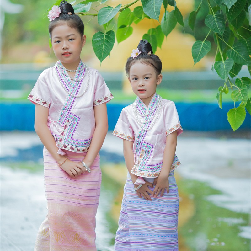 沙芭利 女童粉色花边传统傣族服装 西双版纳民族服装 小女孩套装