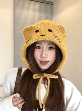 大头围毛线帽显脸小包头帽秋天帽子女洋气美式护耳针织帽黑色冷帽