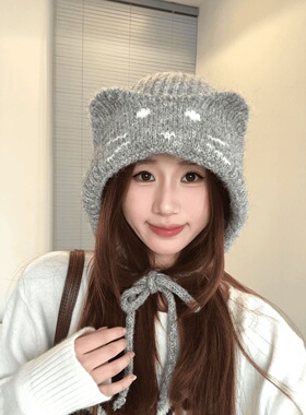 大头围毛线帽显脸小包头帽秋天帽子女洋气美式护耳针织帽黑色冷帽