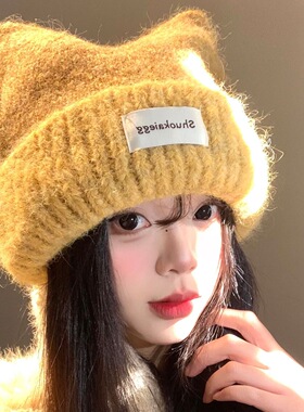 猫耳朵针织帽女冬季可爱甜美显脸小毛线帽大头围保暖护耳帽子
