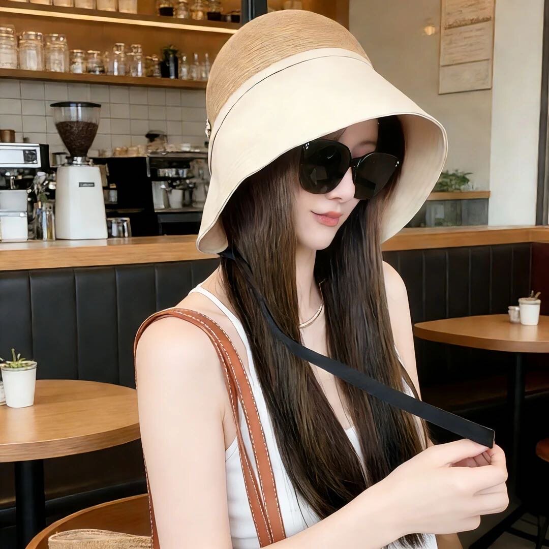 大檐水桶帽子女夏季遮脸防晒帽防紫外线渔夫帽出游草帽