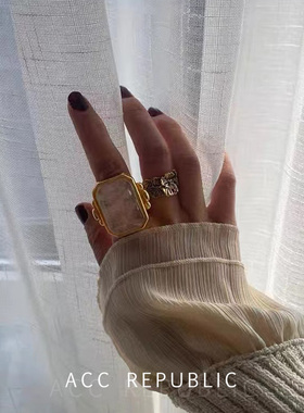 法式小众复古时尚方形冰花天然石戒指轻奢个性冷淡风高级感指环女